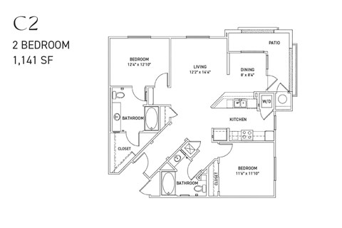 Floor plan for 2 beds, 2 baths, 1141 sqft